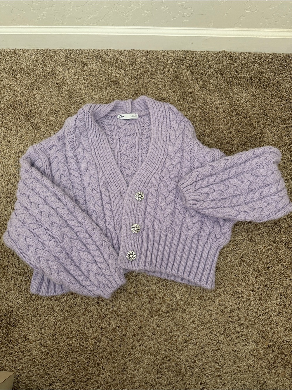 Zara Lilac Cable-Knit Cardigan with Floral Jewel Buttons